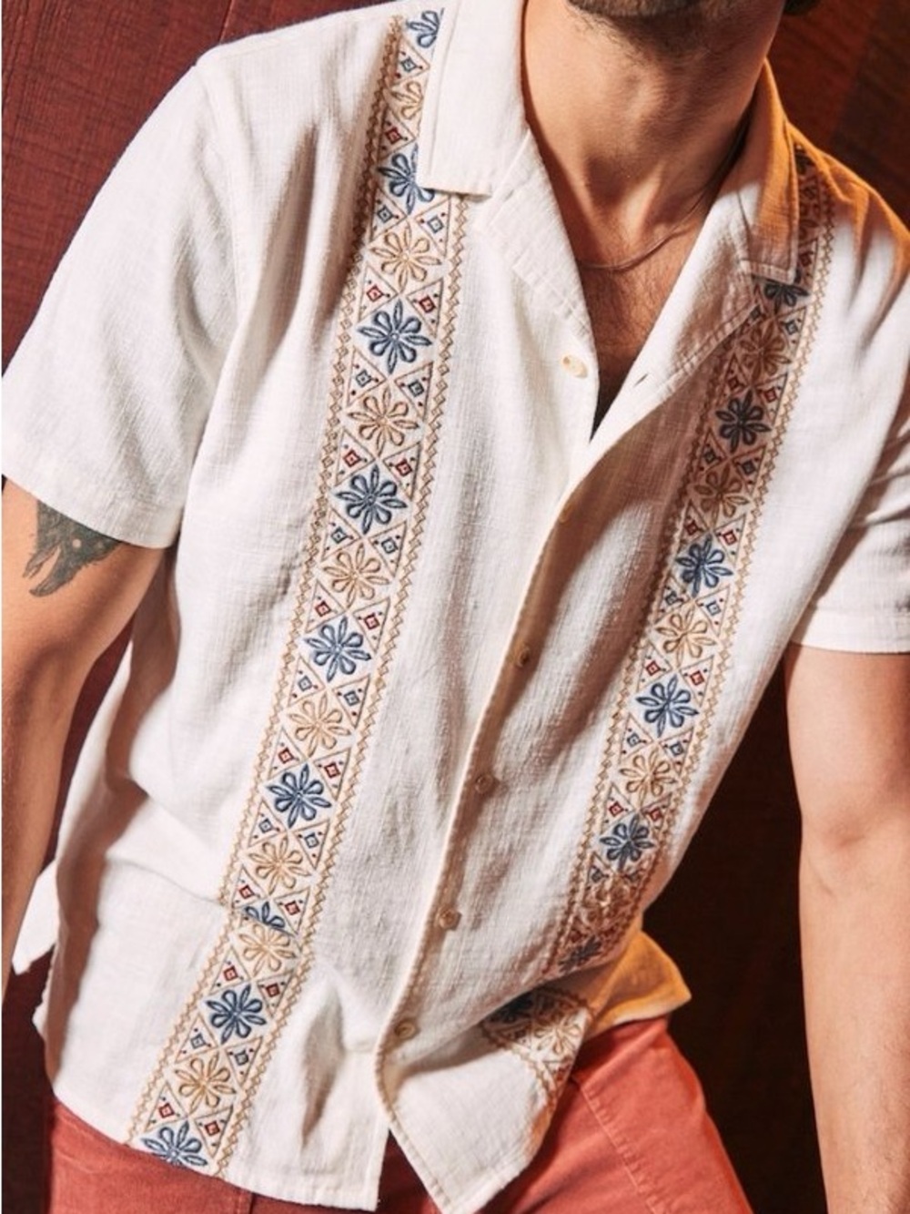 Marine Layer White Short-Sleeve Button-Down with Embroidery Size S